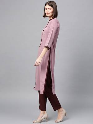 Women's Wine gold print Straight Crepe Kurta Pant Set 4