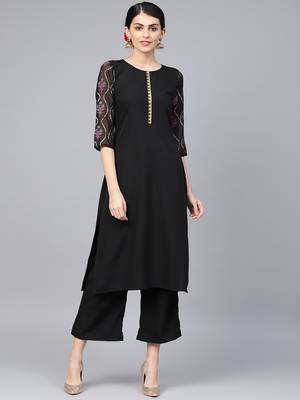 Women's Black Color Foil Print Straight Crepe Kurta Palazzo Set 1