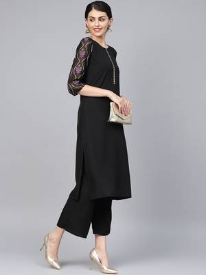 Women's Black Color Foil Print Straight Crepe Kurta Palazzo Set 2