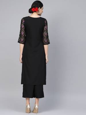 Women's Black Color Foil Print Straight Crepe Kurta Palazzo Set 3