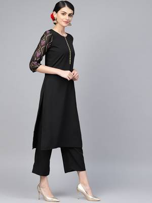 Women's Black Color Foil Print Straight Crepe Kurta Palazzo Set 4