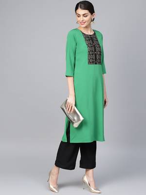 Women's Green Color Foil Print Straight Crepe Kurta Palazzo Set 2