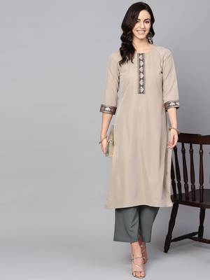 Women's Beige Color Solid Straight Crepe Kurta Palazzo Set 2