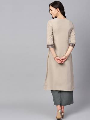 Women's Beige Color Solid Straight Crepe Kurta Palazzo Set 3