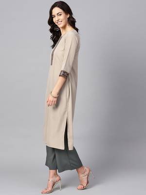 Women's Beige Color Solid Straight Crepe Kurta Palazzo Set 4