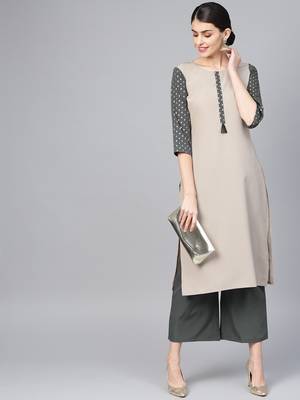 Women's Beige Color Solid Straight Crepe Kurta Palazzo Set 2