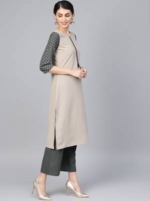 Women's Beige Color Solid Straight Crepe Kurta Palazzo Set 4