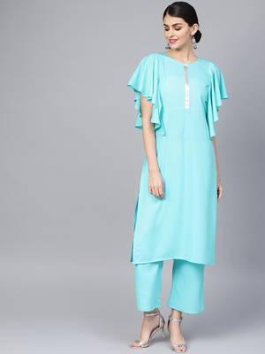Women's Sky Blue Color Solid Straight Crepe Kurta Palazzo Set 2