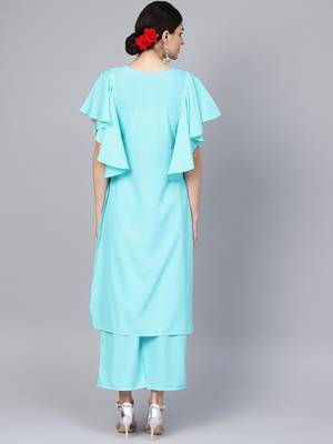 Women's Sky Blue Color Solid Straight Crepe Kurta Palazzo Set 3