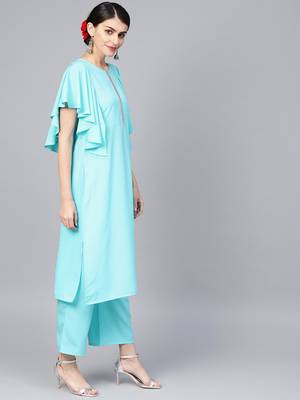Women's Sky Blue Color Solid Straight Crepe Kurta Palazzo Set 4
