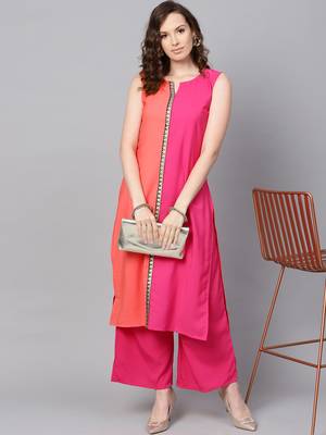 Women's Pink Color Solid Straight Crepe Kurta Palazzo Set 3