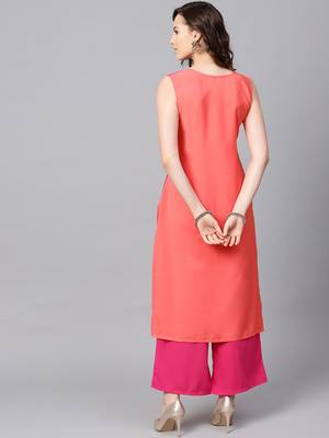 Women's Pink Color Solid Straight Crepe Kurta Palazzo Set 4