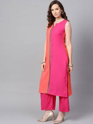 Women's Pink Color Solid Straight Crepe Kurta Palazzo Set 5