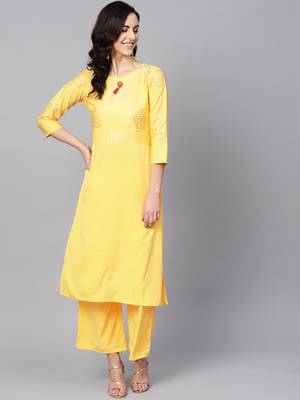 Women's Yellow Color Solid Straight Crepe Kurta Palazzo Set 1
