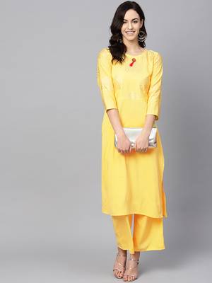 Women's Yellow Color Solid Straight Crepe Kurta Palazzo Set 2