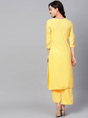 Women's Yellow Color Solid Straight Crepe Kurta Palazzo Set 3