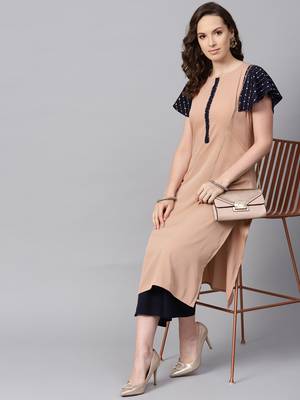 Women's Beige Color Solid Straight Crepe Kurta Palazzo Set 1