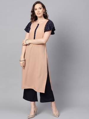 Women's Beige Color Solid Straight Crepe Kurta Palazzo Set 2