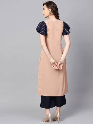 Women's Beige Color Solid Straight Crepe Kurta Palazzo Set 3