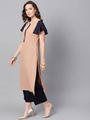 Women's Beige Color Solid Straight Crepe Kurta Palazzo Set 4