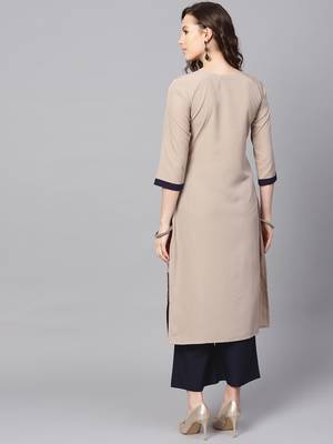 Women's Beige Color Solid Straight Crepe Kurta Palazzo Set 3