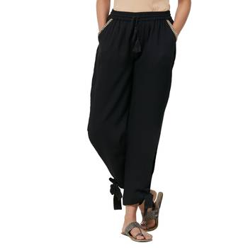 Black Rayon Twill Fabric Solid Relaxed Fit Wrap Pant For Women's 1