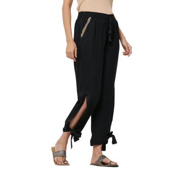 Black Rayon Twill Fabric Solid Relaxed Fit Wrap Pant For Women's 2