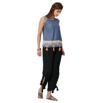 Black Rayon Twill Fabric Solid Relaxed Fit Wrap Pant For Women's 4