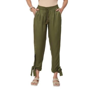 Olive Rayon Twill Fabric Solid Relaxed Fit Wrap Pant For Women's 1