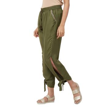Olive Rayon Twill Fabric Solid Relaxed Fit Wrap Pant For Women's 2