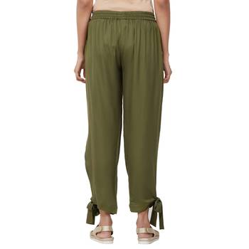 Olive Rayon Twill Fabric Solid Relaxed Fit Wrap Pant For Women's 3