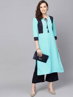 Women's Sky Blue Color Solid Straight Crepe Kurta Palazzo Set 1