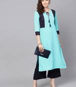 Women's Sky Blue Color Solid Straight Crepe Kurta Palazzo Set