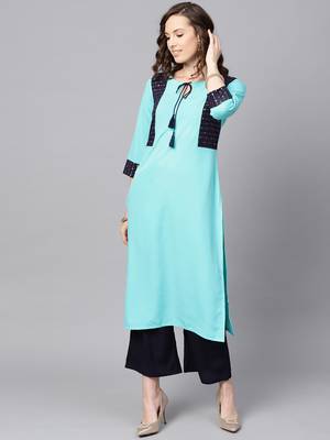 Women's Sky Blue Color Solid Straight Crepe Kurta Palazzo Set 2