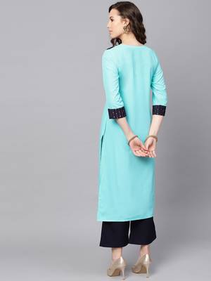 Women's Sky Blue Color Solid Straight Crepe Kurta Palazzo Set 3