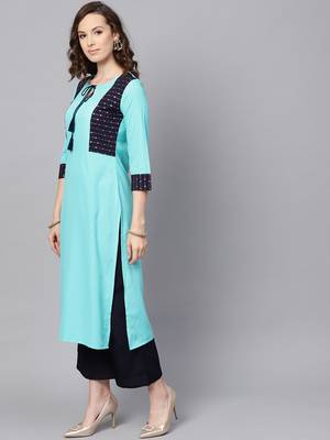 Women's Sky Blue Color Solid Straight Crepe Kurta Palazzo Set 4