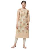 Beige embroidered polyester kurtas-and-kurtis