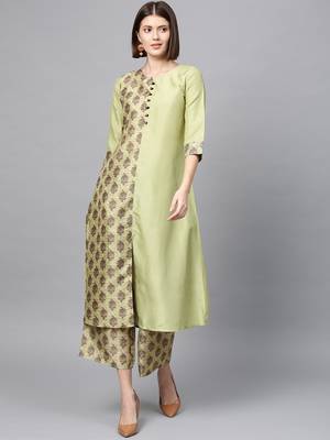 Women's Pista Green Digital Flared Polysilk Kurta 1