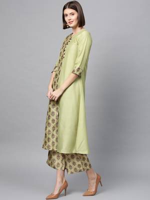 Women's Pista Green Digital Flared Polysilk Kurta 2