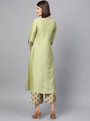 Women's Pista Green Digital Flared Polysilk Kurta 3