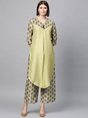 Women's Pista Green Digital Straight Polysilk Kurta 1