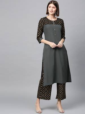 Women's Dark Grey Gold Print Straight Crepe Kurta 1
