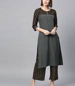 Women's Dark Grey Gold Print Straight Crepe Kurta