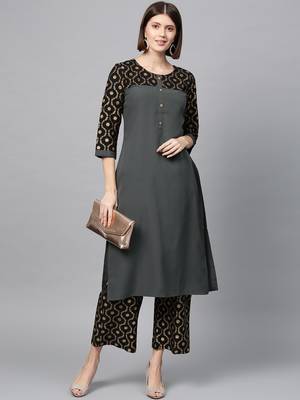 Women's Dark Grey Gold Print Straight Crepe Kurta 2