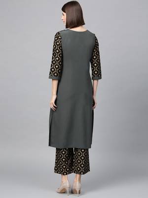 Women's Dark Grey Gold Print Straight Crepe Kurta 3