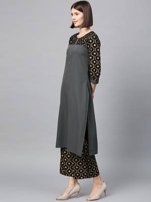 Women's Dark Grey Gold Print Straight Crepe Kurta 4