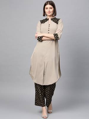 Women's Nude Gold Print Straight Crepe Kurta 2