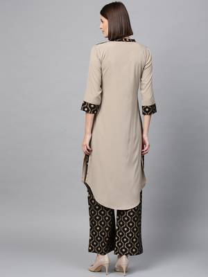 Women's Nude Gold Print Straight Crepe Kurta 3