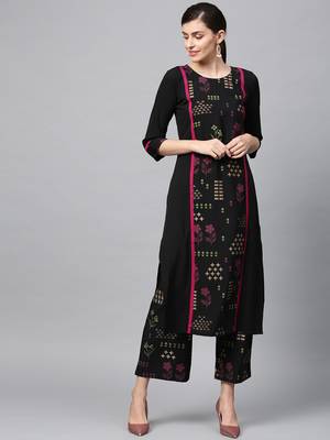 Women's Black Gold Print and Khadi Print Straight Crepe Kurta 1