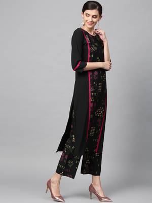 Women's Black Gold Print and Khadi Print Straight Crepe Kurta 2